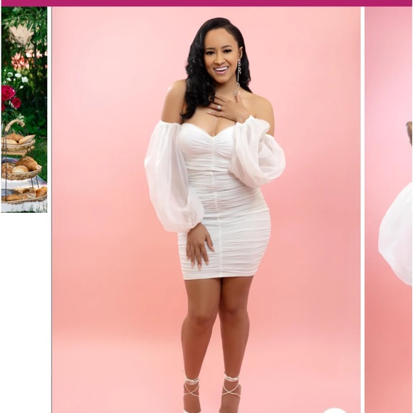 White Off-Shoulder Ruched Mini Dress, Perfect for Bridal Shower or Bachelorette! - Picture 3 of 4